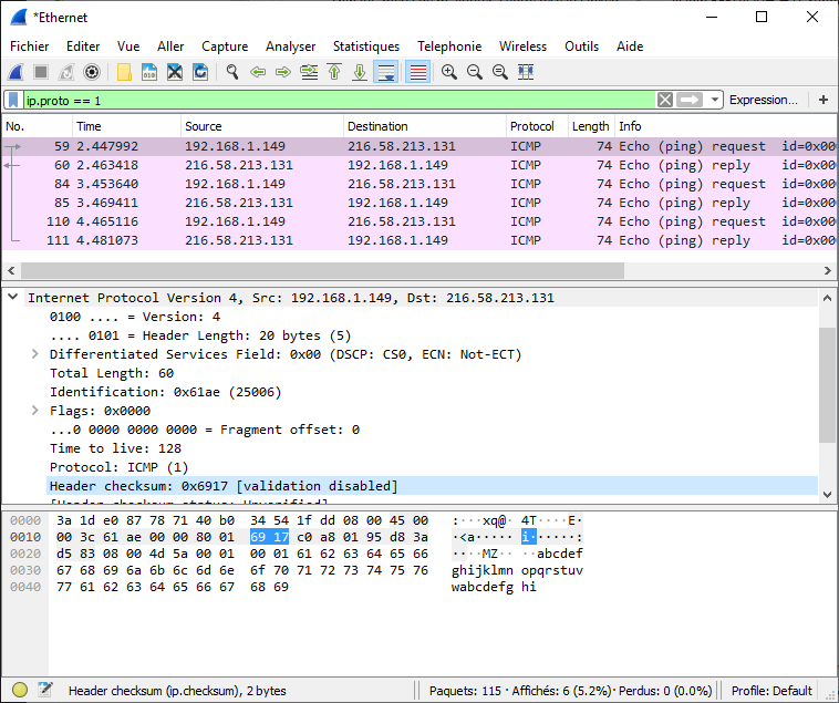 Capture ICMP vers google.fr