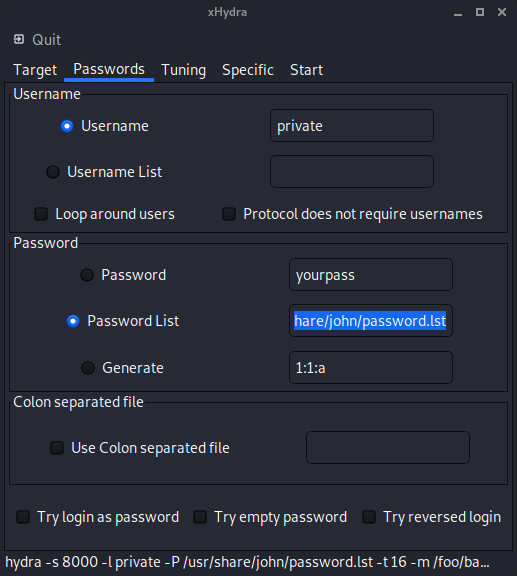 Configuration des ensemble de login et mots de passes à tenter