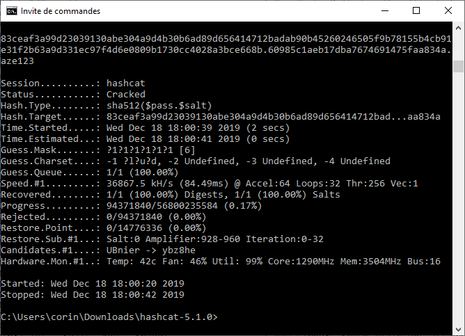 Après 2 secondes, Hashcat a cassé le mot de passe