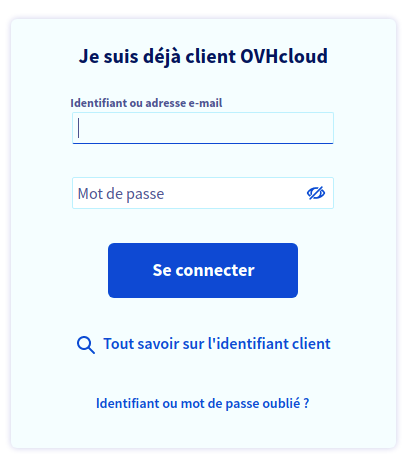 Écran de connexion au compte client OVH