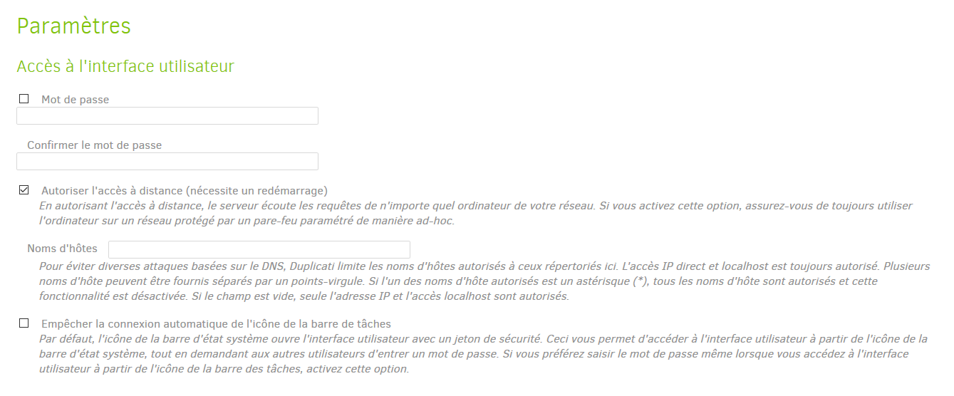 Configuration des paramètres