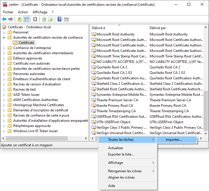 Importer un certificat via le clic-droit.
