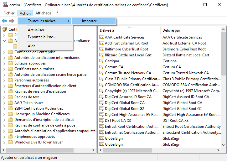 Importer un certificat via le menu.