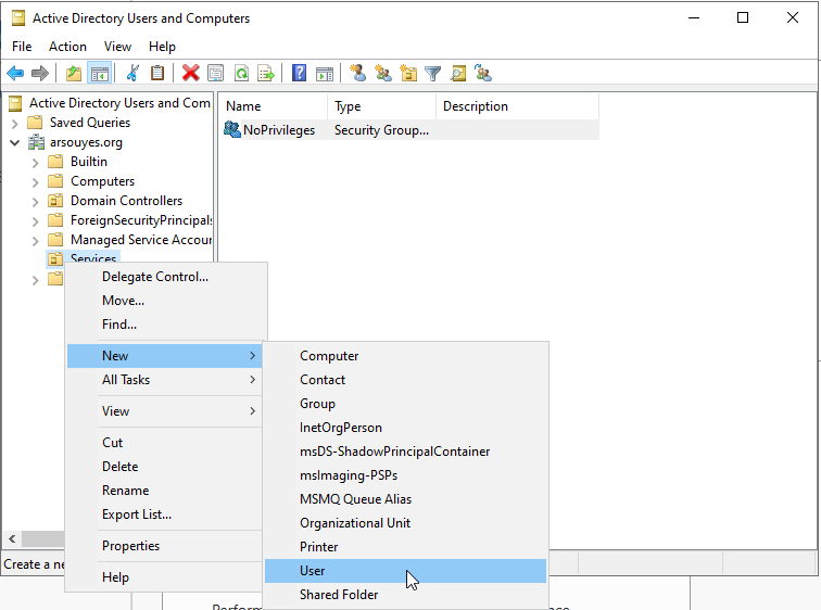 User creation, right-click.