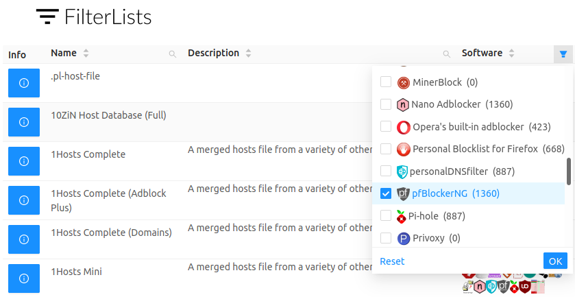 Filtrer les listes par logiciel et ne garder que pfBlockerNG