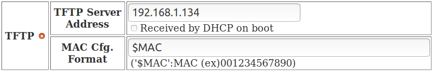 Renseignement des paramètres TFTP