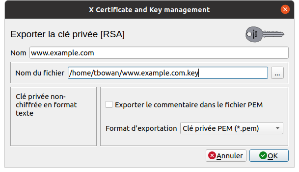 Exportation de la clé privée