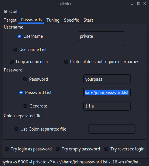 Configuring logins and passwords to test