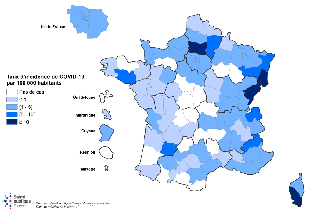 Incidence du COVID-19 en France le 10 mars 2020, carte de Santé Publique France