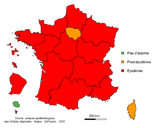 Pandémie grippale 2019-2020, carte de Sante Publique France