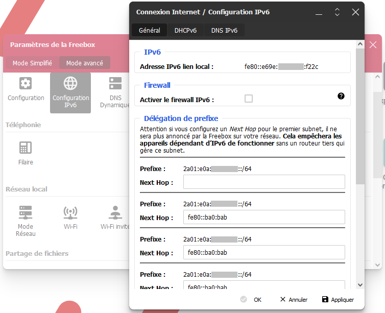 IPv6 setup of freebox