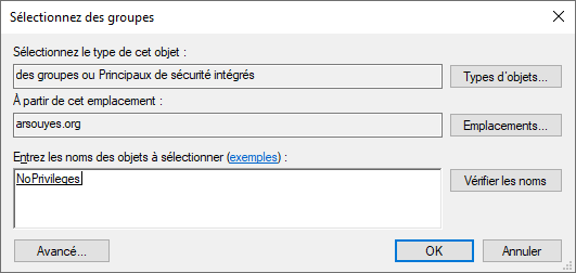 Choix du groupe NoPrivileges.