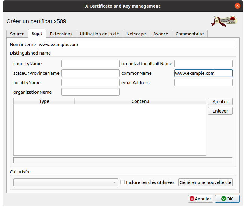 Sujet, identité du certificat