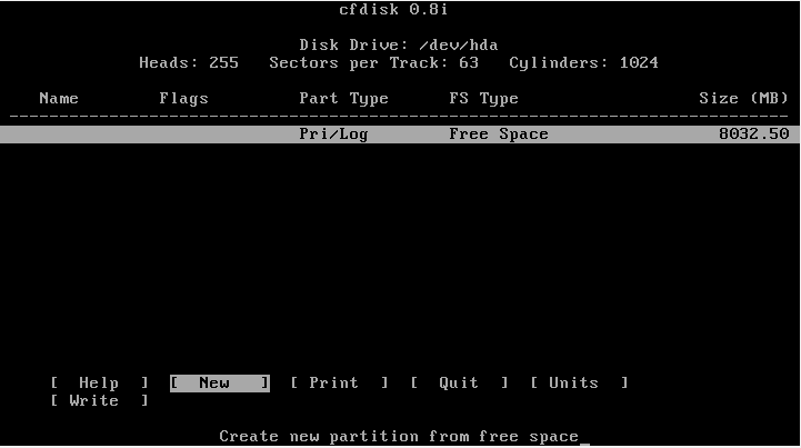 interface de cfdisk