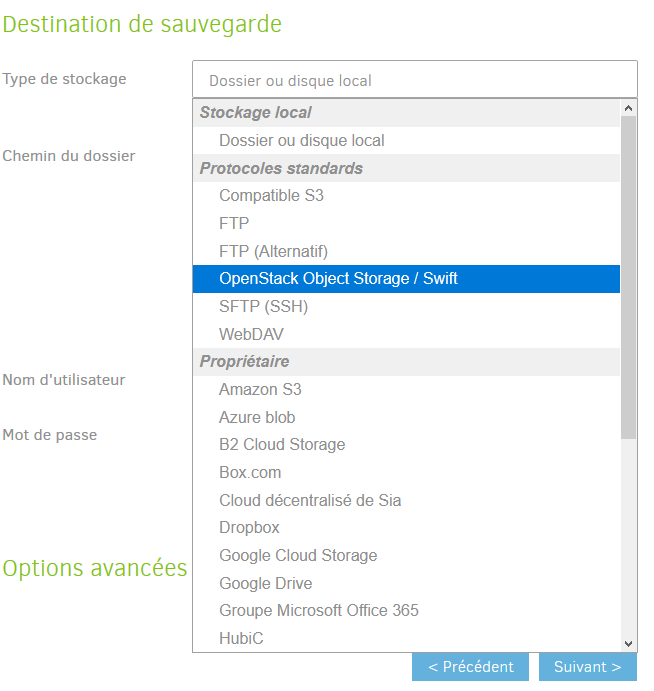 Menu déroulant pour choisir le type de stockage