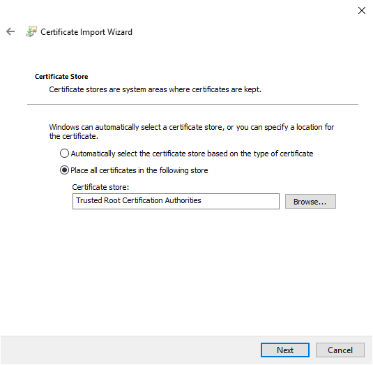 Choise of folder where to place the certificate